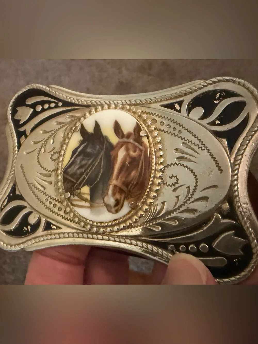 VTG Western Silver Horse Buckle w/ Brown Oak Tooled Leather Belt Boho Cowgirl